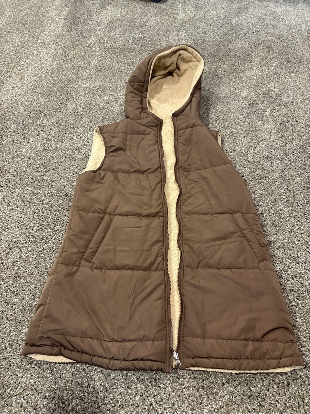 Women's Brown Hooded Reversible Puffer Vest with Sherpa Lining